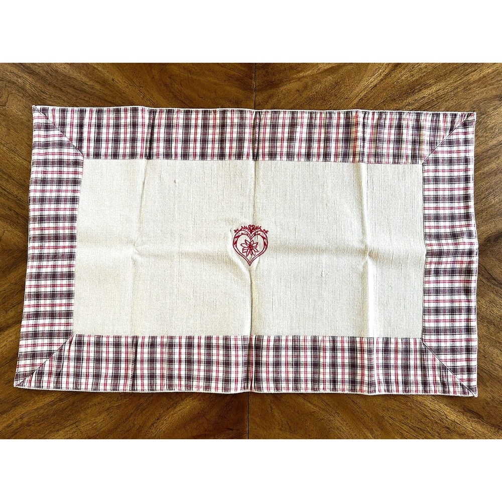 NEW French Embroidered Tapestry Table Runner Farmhouse Plaid 22" x 35.5"